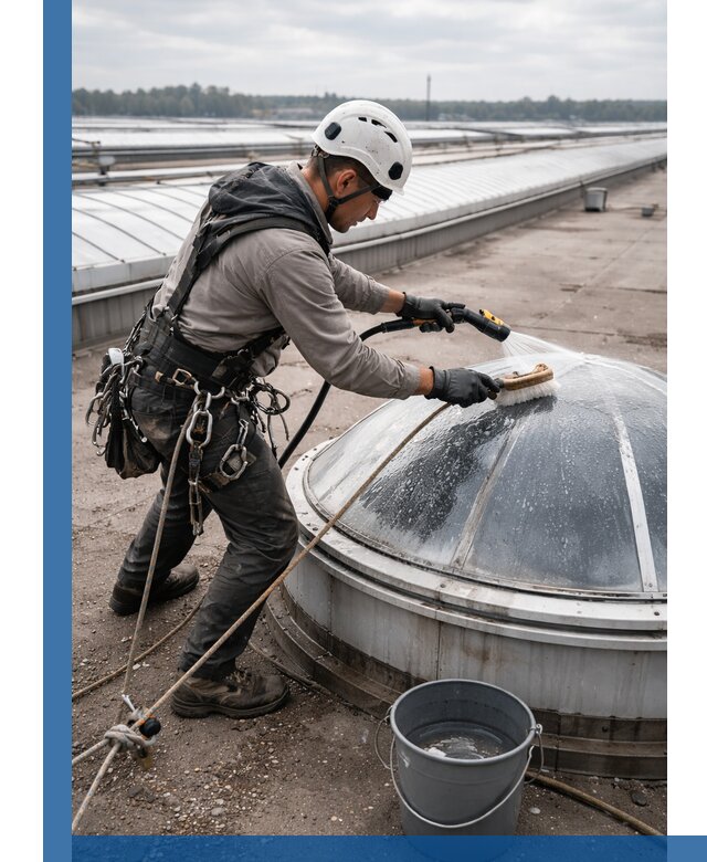 Мойка зенитных фонарей на кровле для промышленных объектов в Черняховске