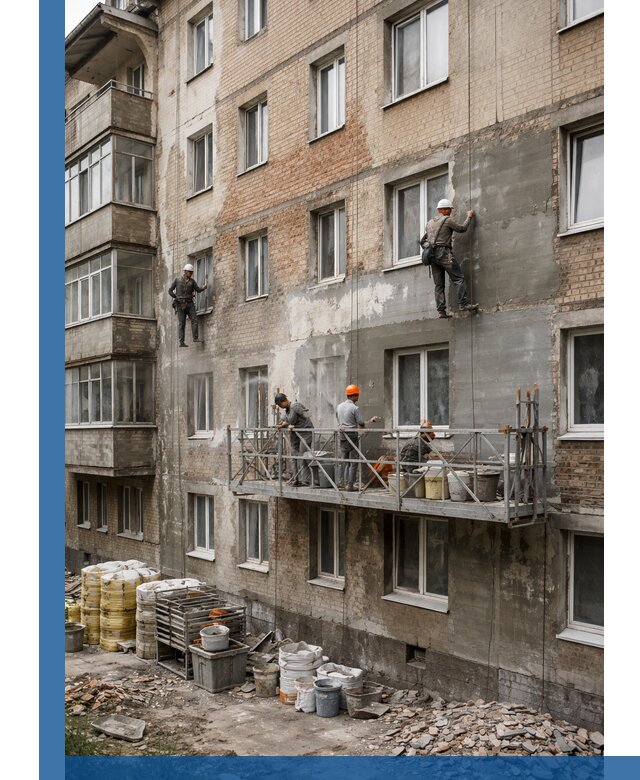 Капитальный ремонт фасада в Черняховске с восстановлением и гидроизоляцией