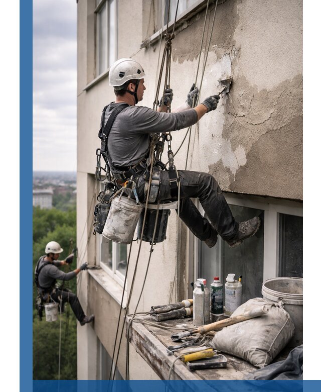 Косметический ремонт фасада зданий в Черняховске промышленными альпинистами