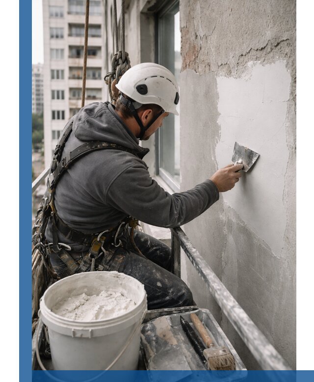 Шпаклевка фасадов на высоте с промальпинистами в Черняховске