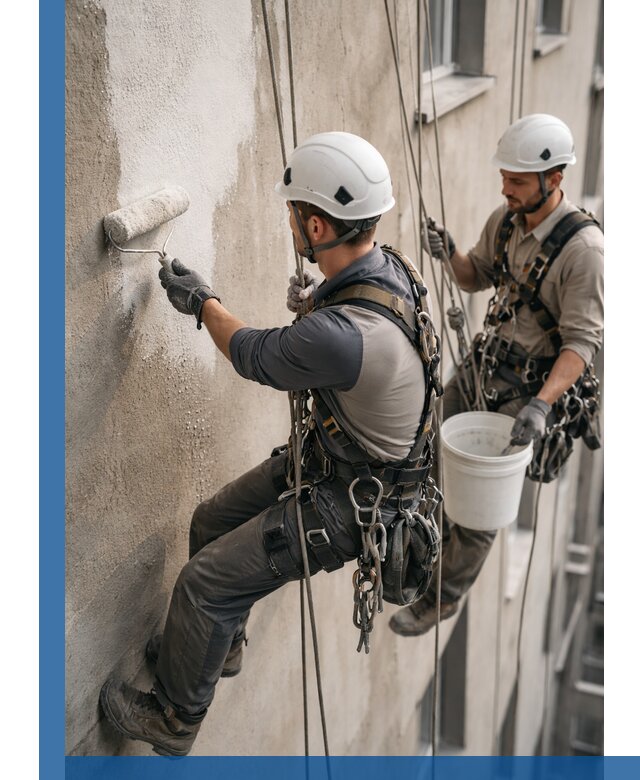 Грунтовка фасада на высоте в Черняховске промышленными альпинистами