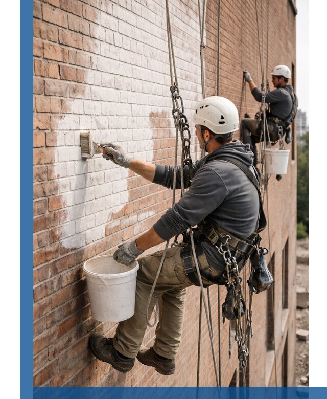Покраска кирпичного фасада с доступным альпинистским сервисом в Черняховске