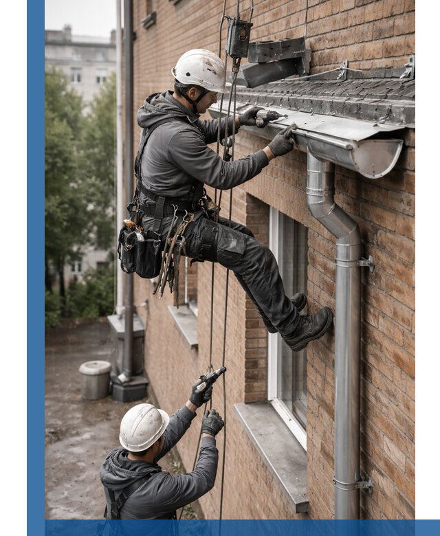 Монтаж водосточной системы на здании в Черняховске под ключ