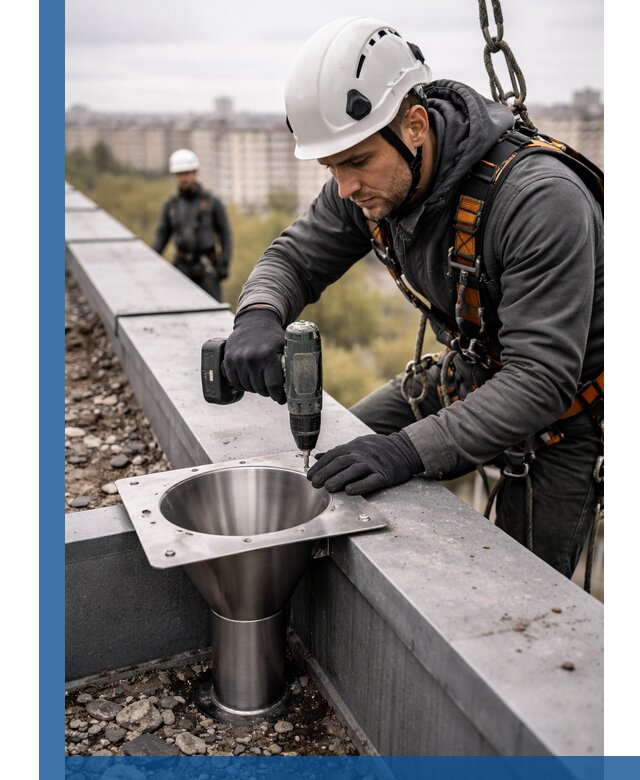 Монтаж водосточных воронок в Черняховске для промышленных зданий