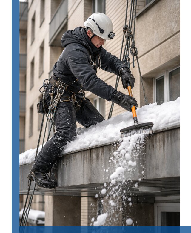 Очистка козырьков от снега в Черняховске круглогодично безопасно