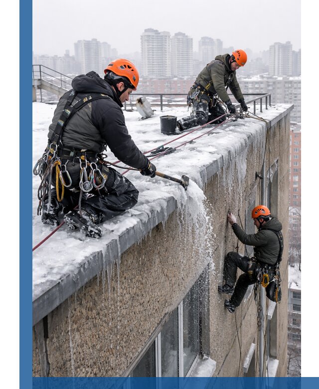 Удаление наледи с кровли в Черняховске промышленными альпинистами