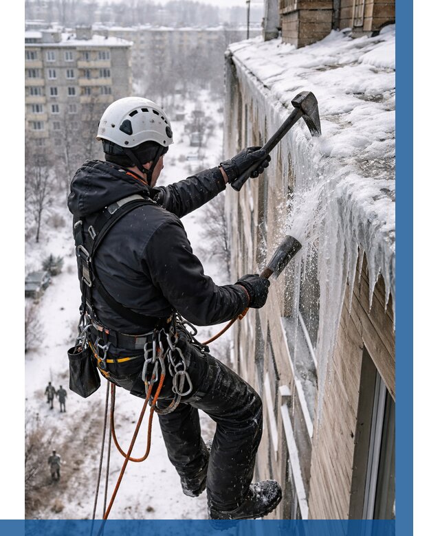 Сбивание сосулек с крыши в Черняховске по цене от 4716 р. | ВЫСОТНИК-Чрх