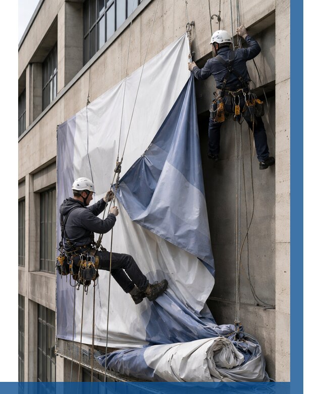 Демонтаж баннеров с фасада в Черняховске от 4716 р. | ВЫСОТНИК-Чрх