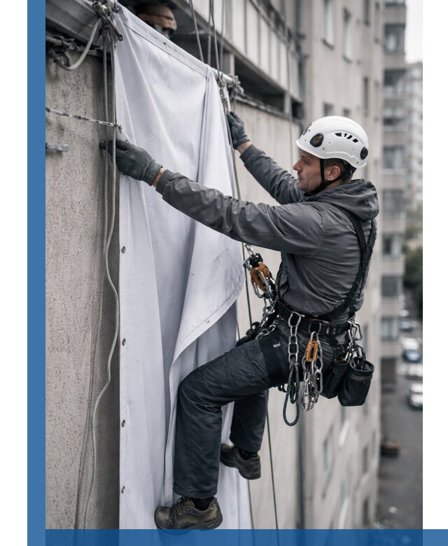Замена баннерного полотна промышленными альпинистами в Черняховске