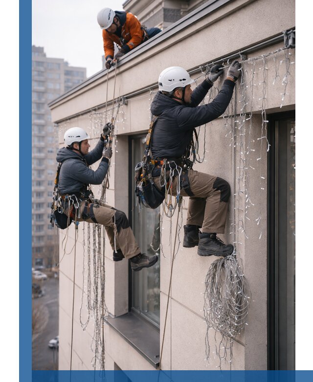 Монтаж праздничных гирлянд на фасаде в Черняховске для зданий