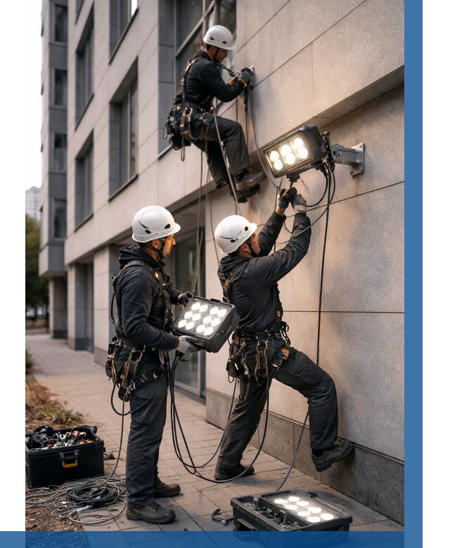 Монтаж прожекторов на фасаде в Черняховске от 7860 р. | ВЫСОТНИК-Чрх