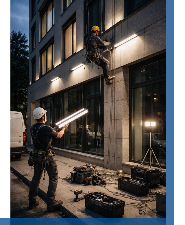 Монтаж архитектурной подсветки здания в Черняховске от 2620 р.|ВЫСОТНИК-Чрх