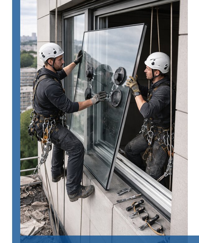 Замена стеклопакетов на высоте с промышленными альпинистами в Черняховске