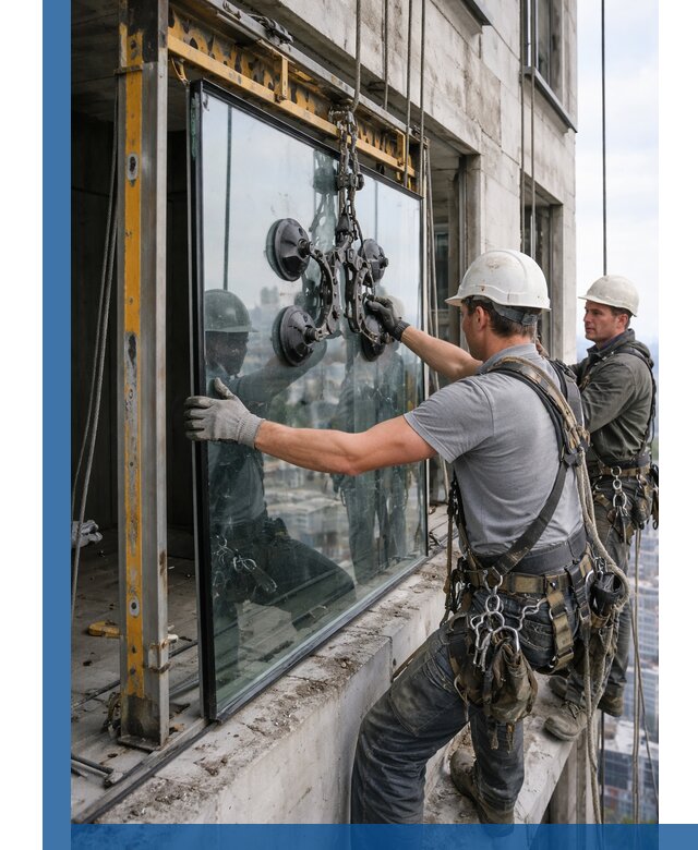 Монтаж стеклопакетов на высоте в Черняховске с промышленным альпинизмом