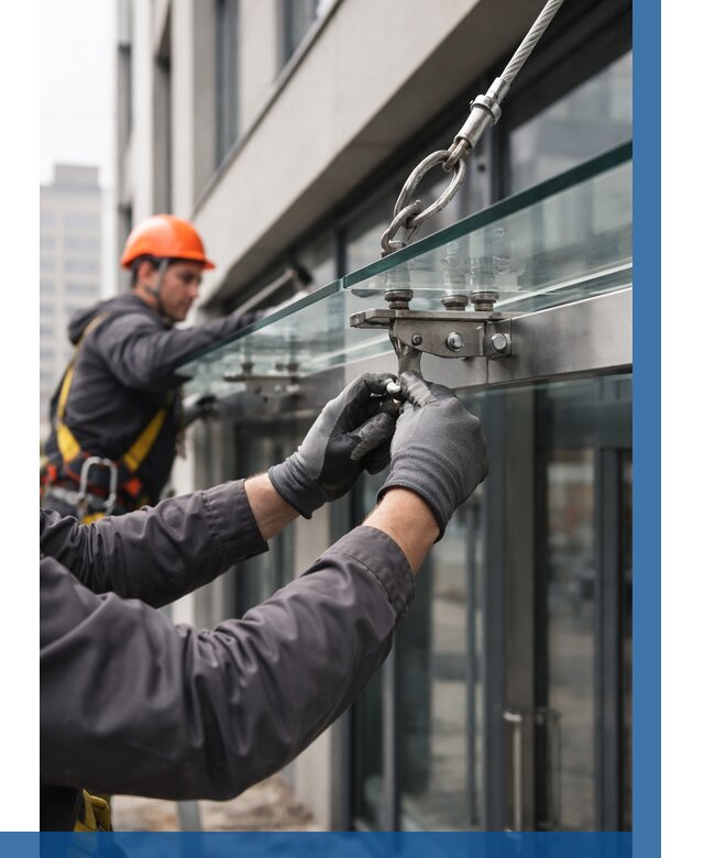 Монтаж стеклянных козырьков в Черняховске от 8908 р. | ВЫСОТНИК-Чрх