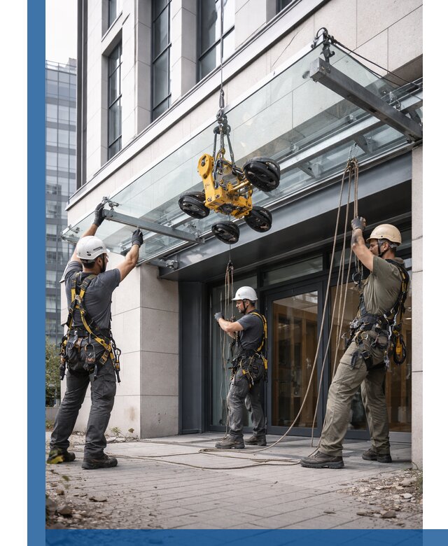 Монтаж стеклянных козырьков под ключ в Черняховске для зданий