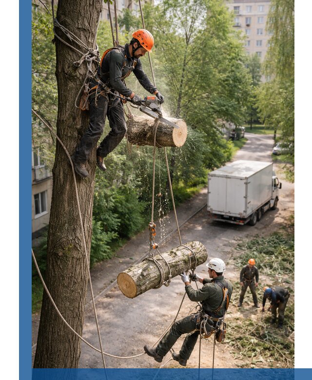 Спил деревьев альпинистами в Черняховске, безопасно и без повреждений