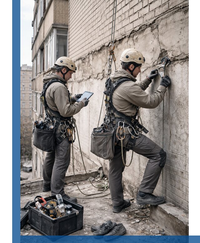 Обследование фасада промышленными альпинистами в Черняховске